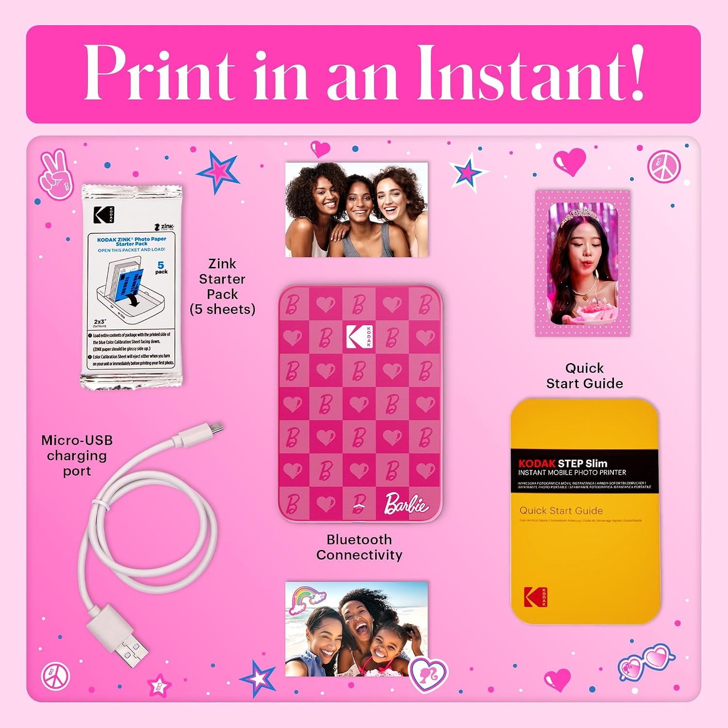 image:imageKodak x Barbie Step Slim Wireless Instant Portable Photo Mobile Printer Gift Bundle Signature Style Barbie Camera Case Photo Album Sticker amp Hanging Frames 50 Stickers Zink Paper 20 SheetsBarbie Iconic