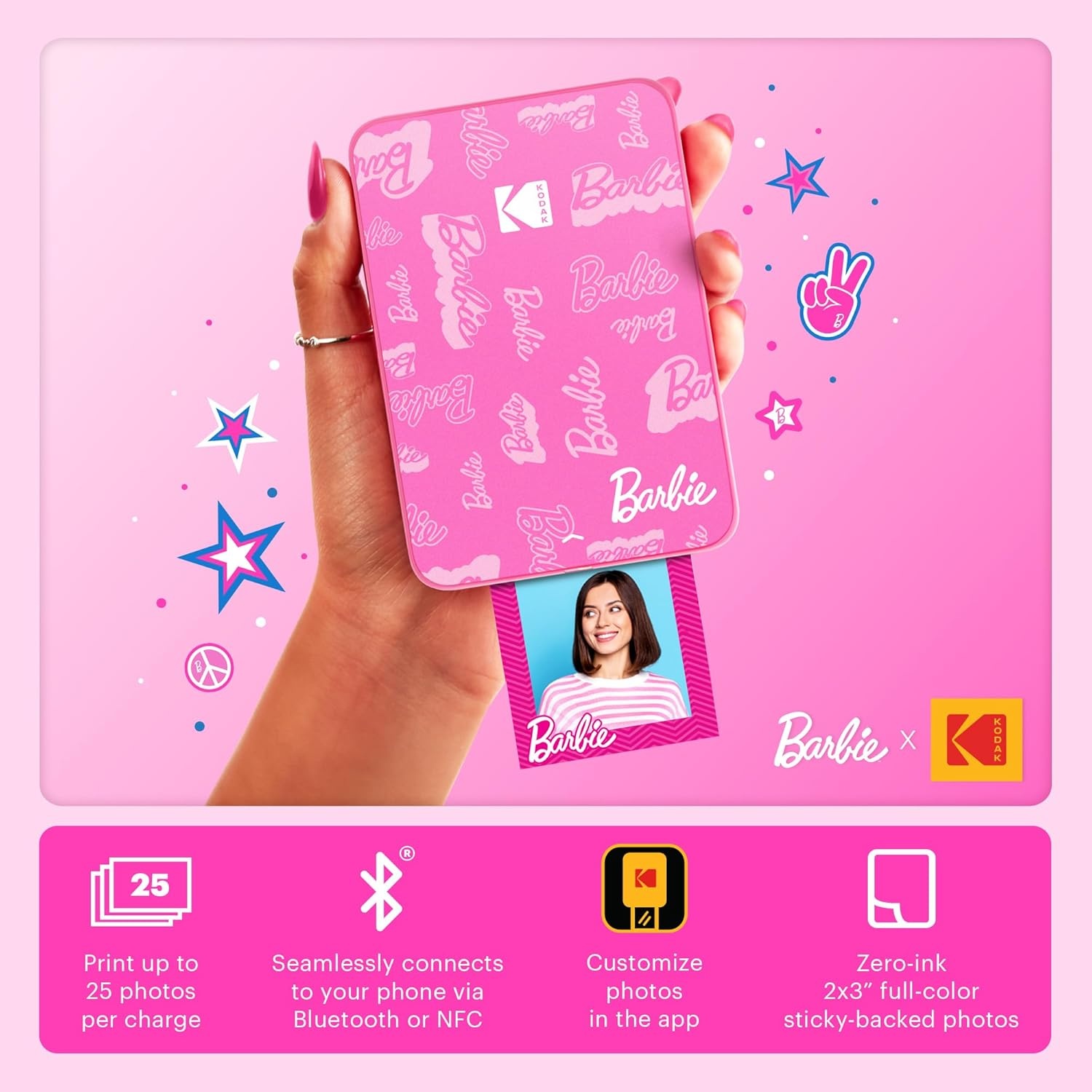 image:imageKodak x Barbie Step Slim Wireless Instant Portable Photo Mobile Printer Gift Bundle Signature Style Barbie Camera Case Photo Album Sticker amp Hanging Frames 50 Stickers Zink Paper 20 SheetsBarbie Signature