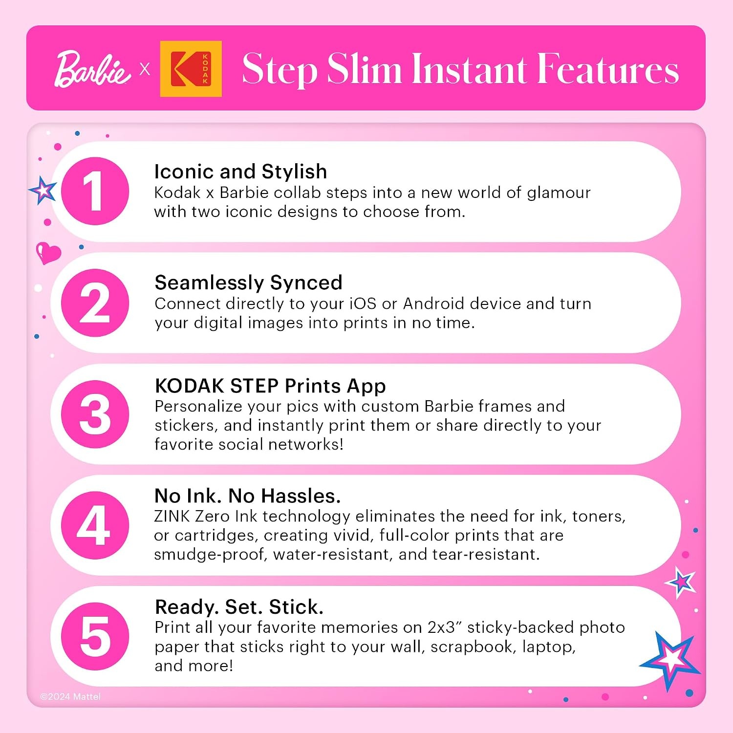 image:imageKodak x Barbie Step Slim Wireless Instant Portable Photo Mobile Printer Gift Bundle Signature Style Barbie Camera Case Photo Album Sticker amp Hanging Frames 50 Stickers Zink Paper 20 SheetsBarbie Iconic