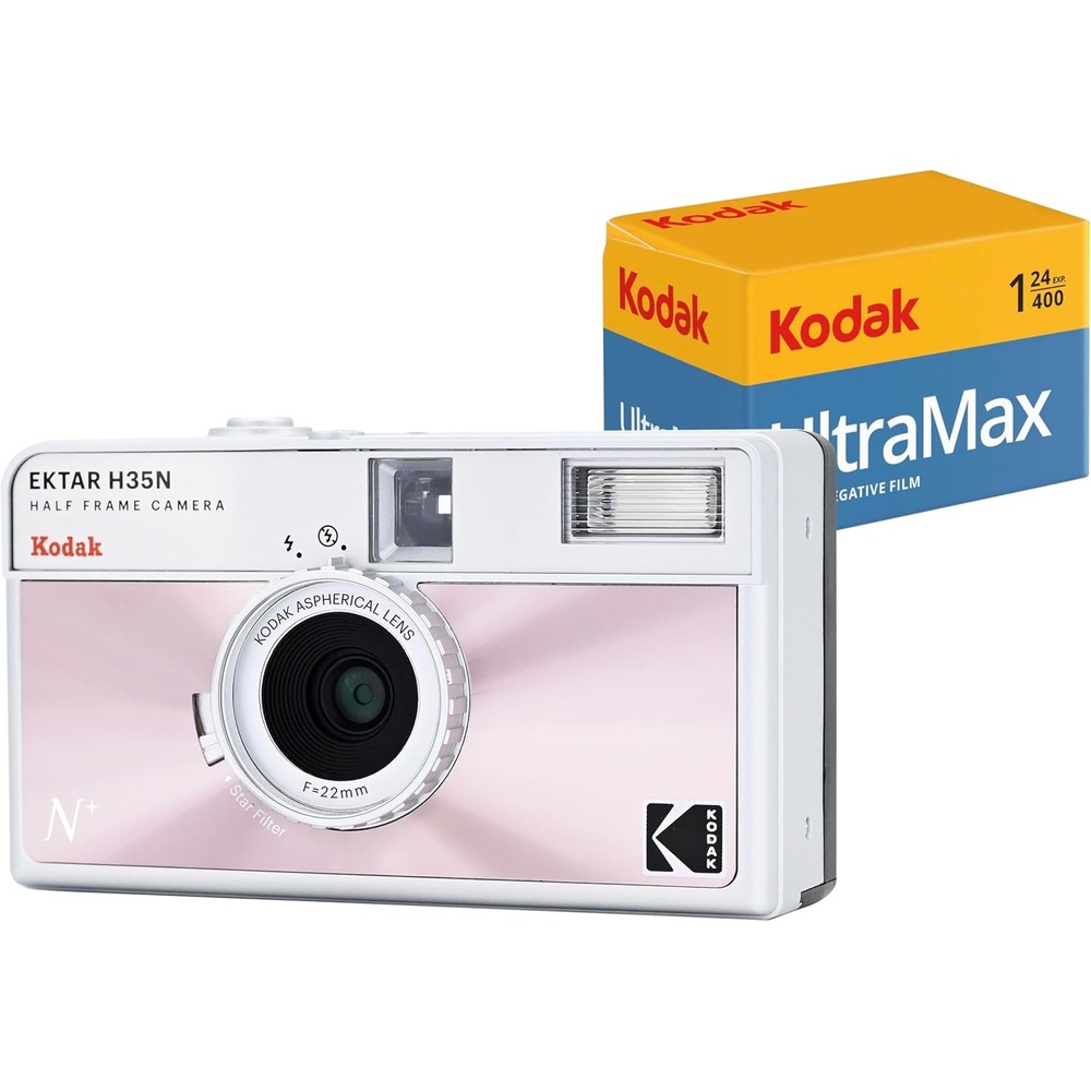 image:imageKODAK EKTAR H35N Half Frame Film Camera 35mm Reusable FocusFree Bulb Function Builtin Star Filter Coated Improved Lens Film amp AAA Battery are not Included Striped Black Premium KitGlazed Pink
