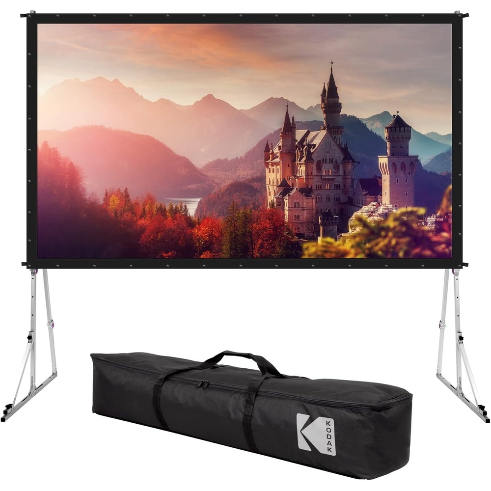 image:imageKodak 150 Dual Projector Screen WStand Fast Fold Gray Rear Projection Backdrop for Outdoor amp Indoor Movies with Tripod Outdoor Stability Kit amp Black Storage Carry Case