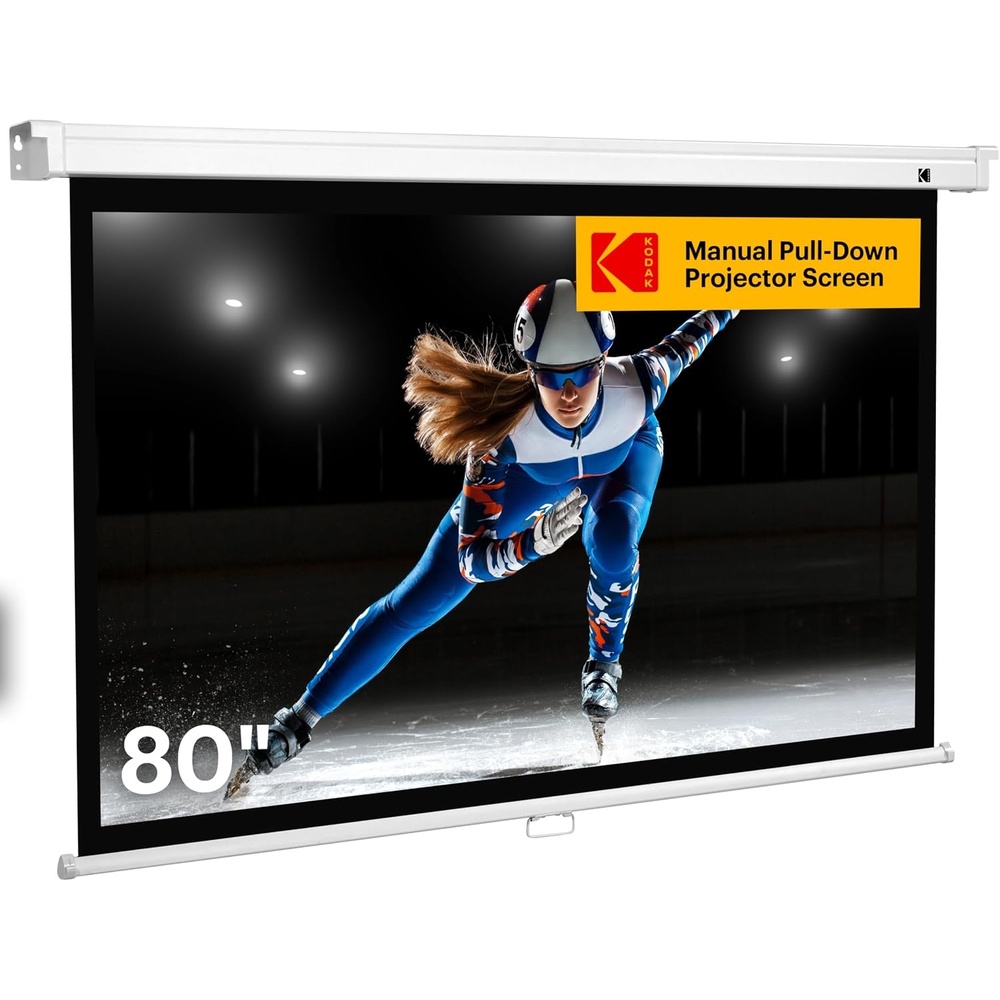 image:imageKodak Manual PullDown White Projector Screen 80 Inch Large 169 Office Home Movie Theater Screen with Wall amp Ceiling Mount Options EasyClean Matte Fabric amp Retractable Hanging Design Indoor