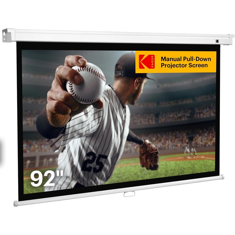 image:imageKodak Manual PullDown White Projector Screen 92 Inch Large 169 Office Home Movie Theater Screen with Wall amp Ceiling Mount Options EasyClean Matte Fabric amp Retractable Hanging Design Indoor