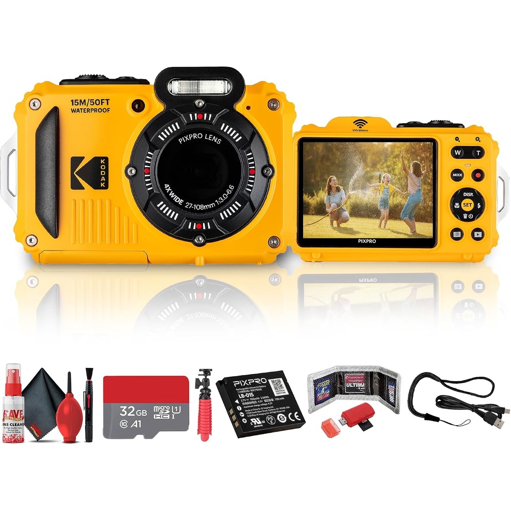 image:imageKodak PIXPRO WPZ2 Digital Camera Yellow Waterproof Shockproof amp Dustproof Camera with 16MP Sensor 1080p Video amp 4X Optical Zoom for Travel amp Outdoor use 32GB Card Vlogger Tripod More