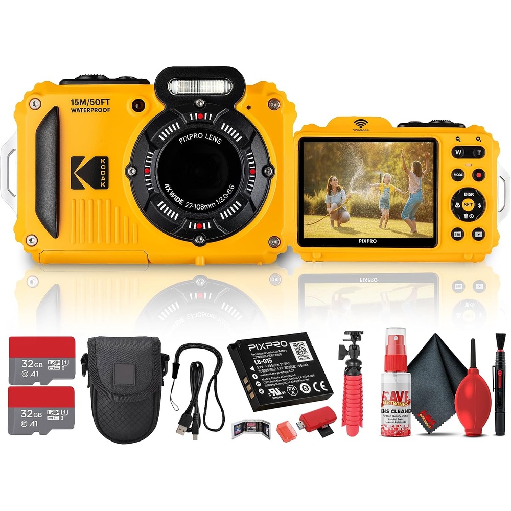 image:imageKodak PIXPRO WPZ2 Digital Camera Yellow Waterproof Shockproof amp Dustproof Camera with 16MP Sensor 1080p Video amp 4X Optical Zoom Travel amp Outdoor use 2X 32GB Card Vlogger Tripod Bag More