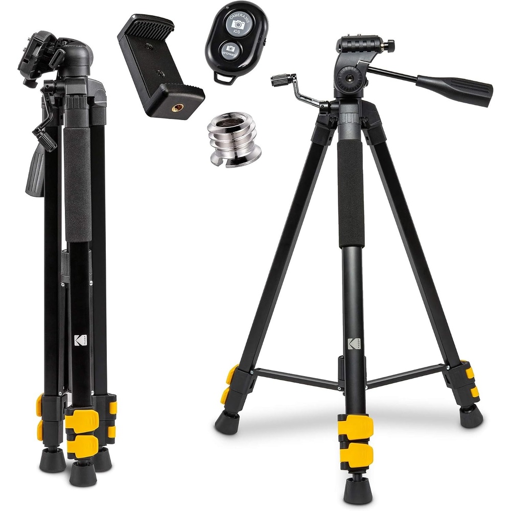 image:imageKodak PhotoGear 62 Lightweight Tripod  Compact 3Section FlipLock Aluminum Tripod Adjusts 2262 QuickRelease Plate Smartphone Adapter amp 14 to 38 Screw Bubble Level Carry Case EGuide62 With Remote