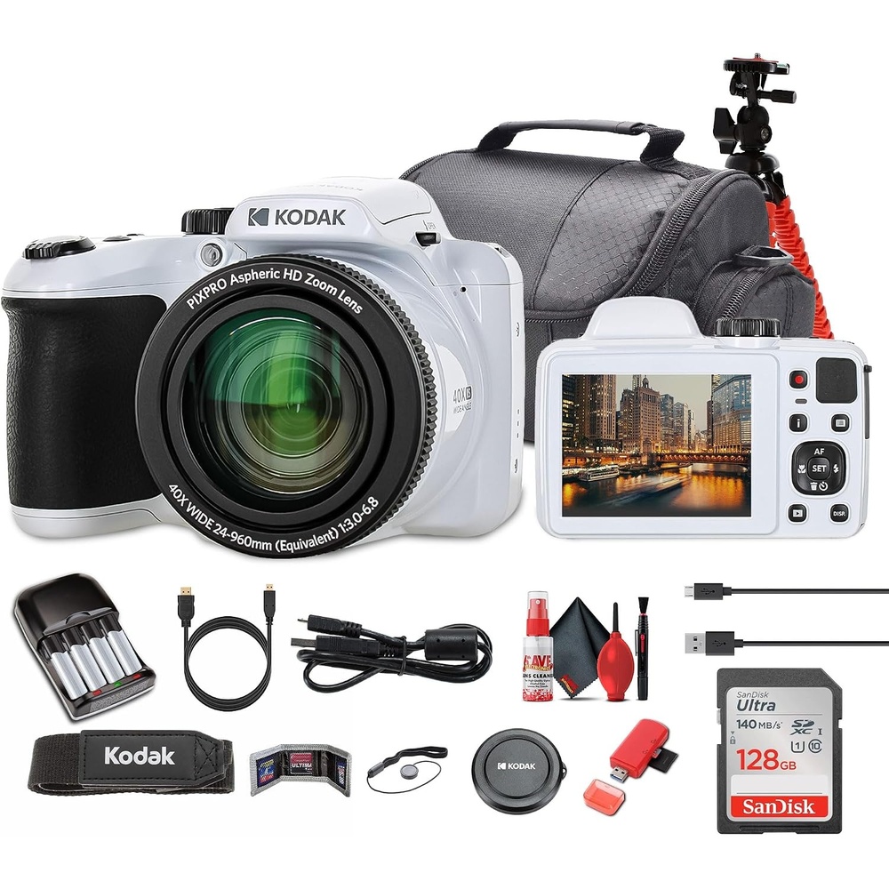 image:imageKodak Pixpro AZ405 Digital Camera in White AZ405WH Bundle Including 128 GB Memory Card Rechargeable Batteries Case Flexible Tripod Neck Strap Lens Caps Full Cleaning Kit More Accessories