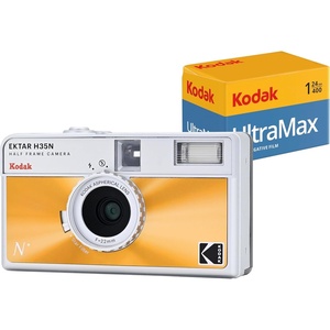 KODAK EKTAR H35N Half Frame Film Camera, 35mm, Reusable, Focus-Free, Bulb Function, Built-in Star Filter, Coated Improved Lens (Film & AAA Battery are not Included) (Striped Black, Premium Kit)(Glazed Orange)