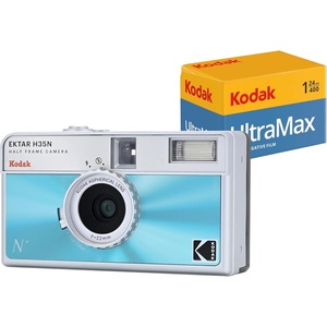 KODAK EKTAR H35N Half Frame Film Camera, 35mm, Reusable, Focus-Free, Bulb Function, Built-in Star Filter, Coated Improved Lens (Film & AAA Battery are not Included) (Striped Black, Premium Kit)(Glazed Blue)