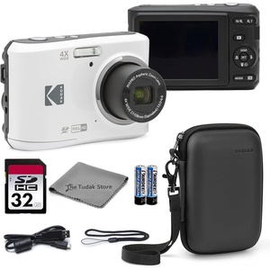 Kodak PIXPRO FZ45 Digital Camera White, 16MP Point & Shoot with 4X Optical Zoom, 27mm Wide Angle, 2.7 Inch LCD, 1080p Video Bundle with Tudak Compatible Camera Case 32GB SD Card, & Microfiber Cloth(Pink)