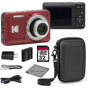 Kodak PIXPRO FZ55 Black 16MP CMOS Sensor Digital Camera 5X Optical Zoom 28mm Wide Angle 1080P Full HD Video 2.7″ LCD Vlogging Camera Bundle with Tudak Compatible Case, 32GB SD Card & Microfiber Cloth(Red)
