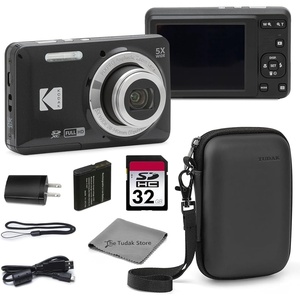 Kodak PIXPRO FZ55 Black 16MP CMOS Sensor Digital Camera 5X Optical Zoom 28mm Wide Angle 1080P Full HD Video 2.7″ LCD Vlogging Camera Bundle with Tudak Compatible Case, 32GB SD Card & Microfiber Cloth(Black)
