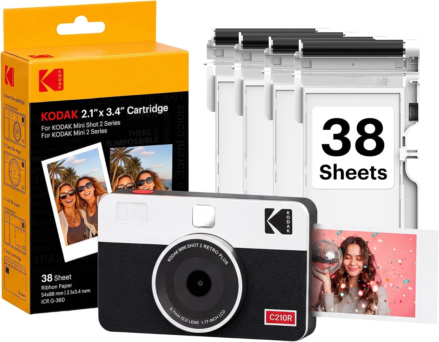 image:imageKODAK Mini Shot 2 Retro 2x3 Instant Camera Photo Printer 38 Sheet YellowWhite