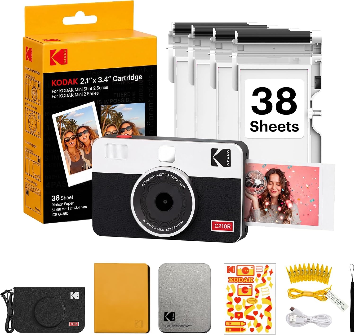 image:imageKODAK Mini Shot 2 Retro 2x3 Instant Camera Photo Printer 38 Sheet YellowWhite