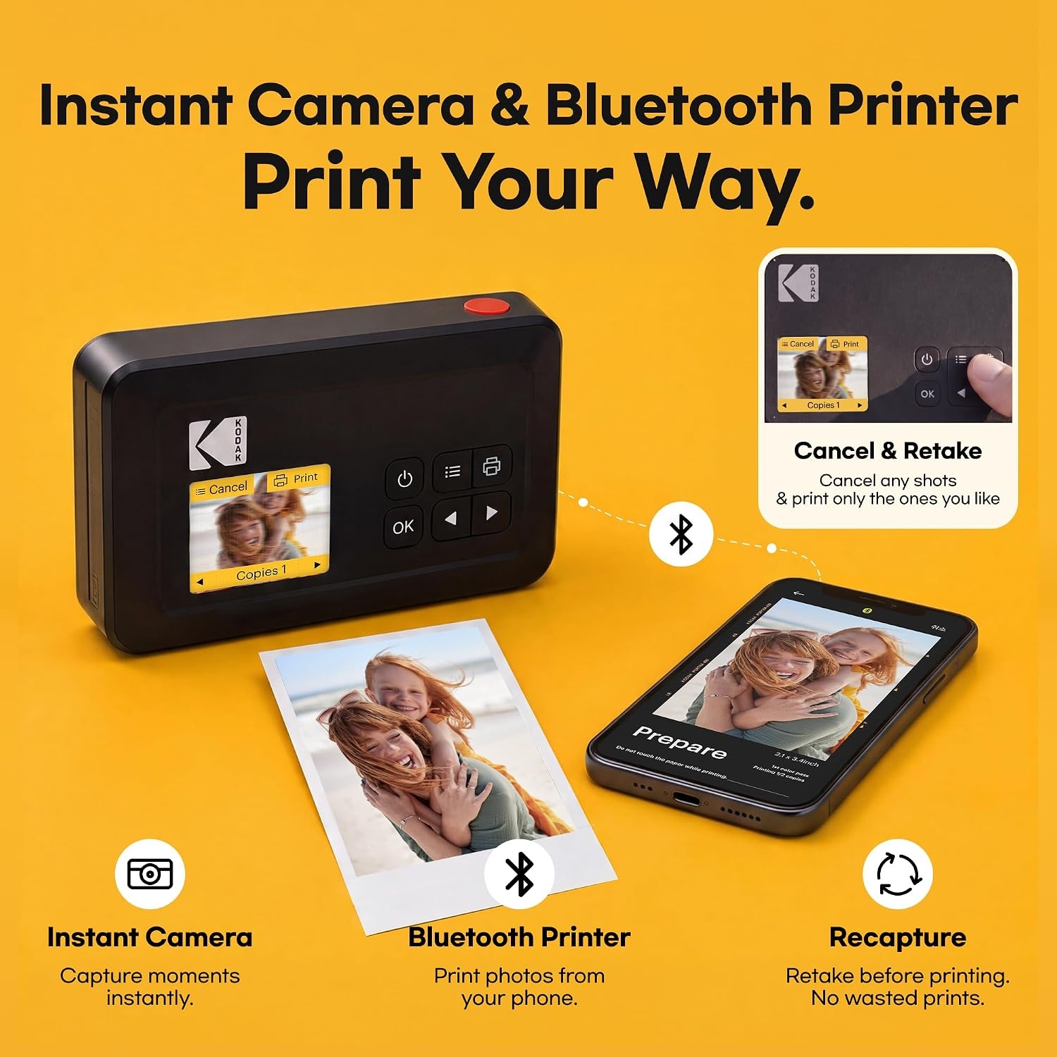 image:imageKODAK Mini Shot 2 Retro 2x3 Instant Camera Photo Printer 38 Sheet YellowYellow
