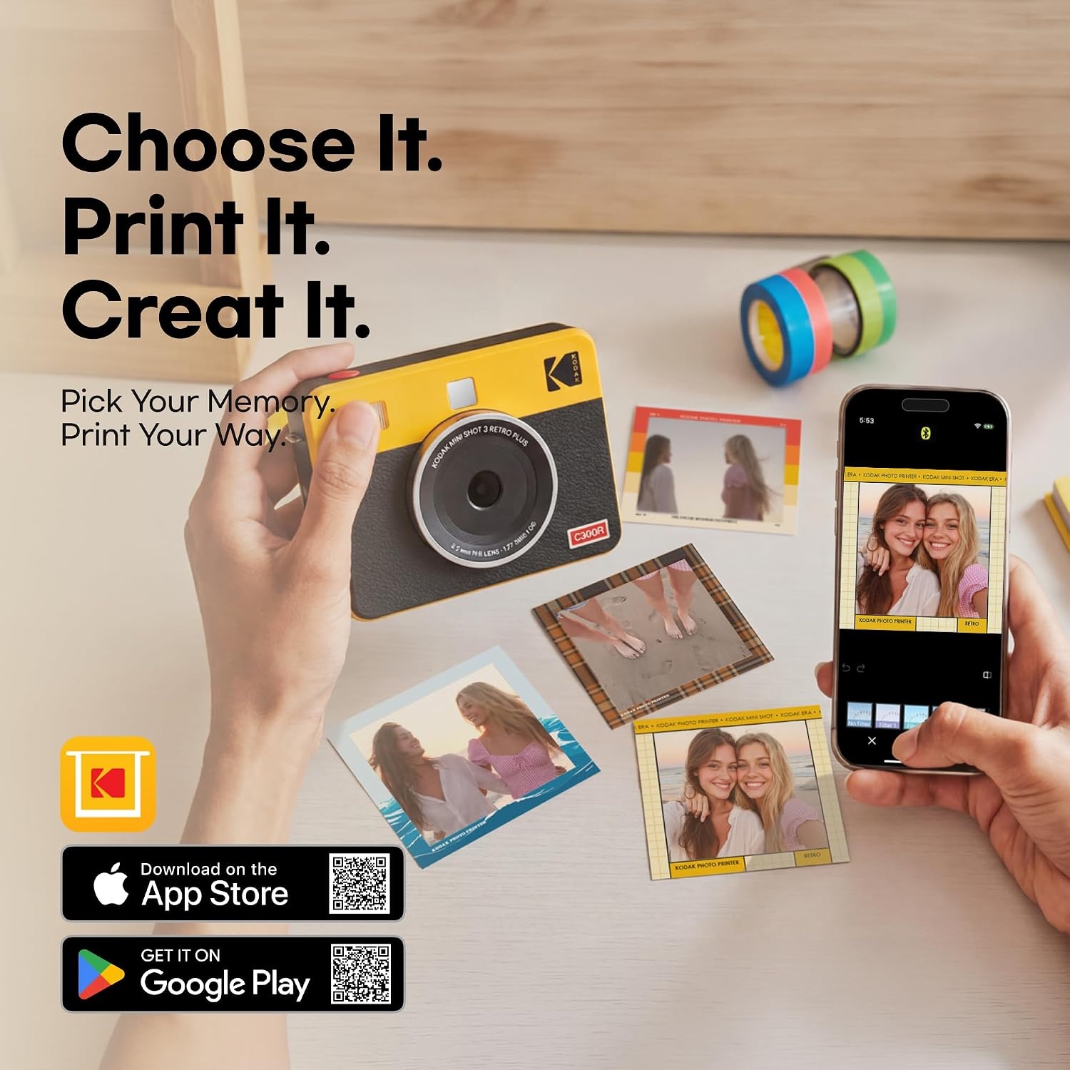image:imageKODAK Mini Shot 3 Retro 3x3 Instant Camera Photo Printer 8 Sheets YellowWhite