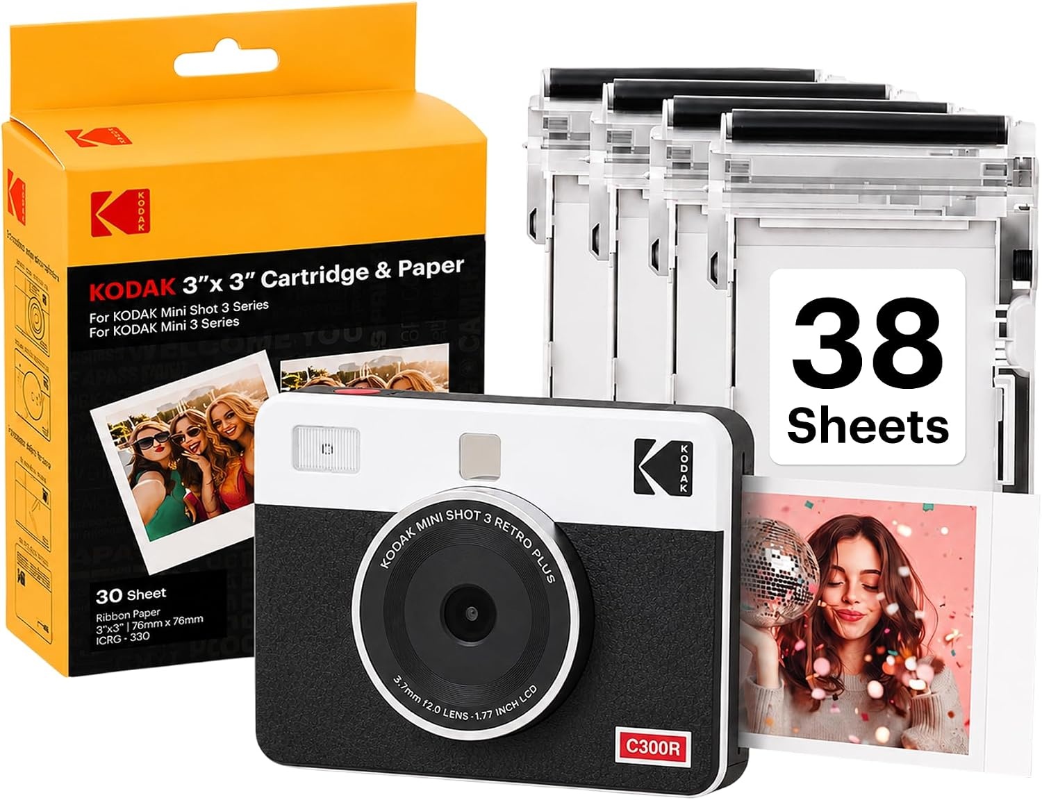 image:imageKODAK Mini Shot 3 Retro 3x3 Instant Camera Photo Printer 8 Sheets YellowWhite