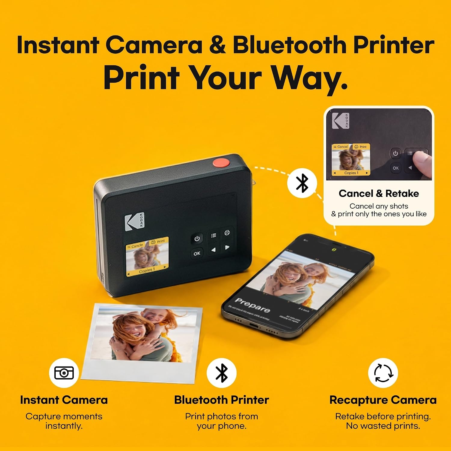 image:imageKODAK Mini Shot 3 Retro 3x3 Instant Camera Photo Printer 8 Sheets YellowYellow