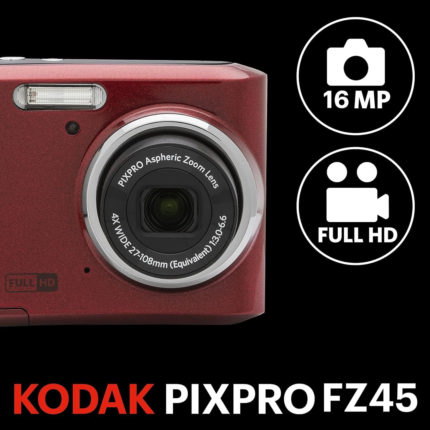 image:imageKODAK PIXPRO FZ45 16MP Compact Digital Camera 4X Optical Zoom AA RedRed