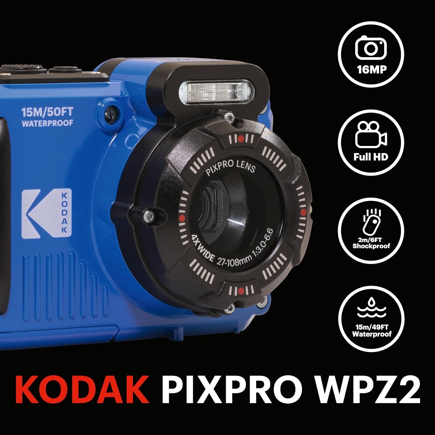 image:imageKODAK PIXPRO WPZ2 16MP Waterproof Digital Camera 15m 4X Zoom BlueBlue
