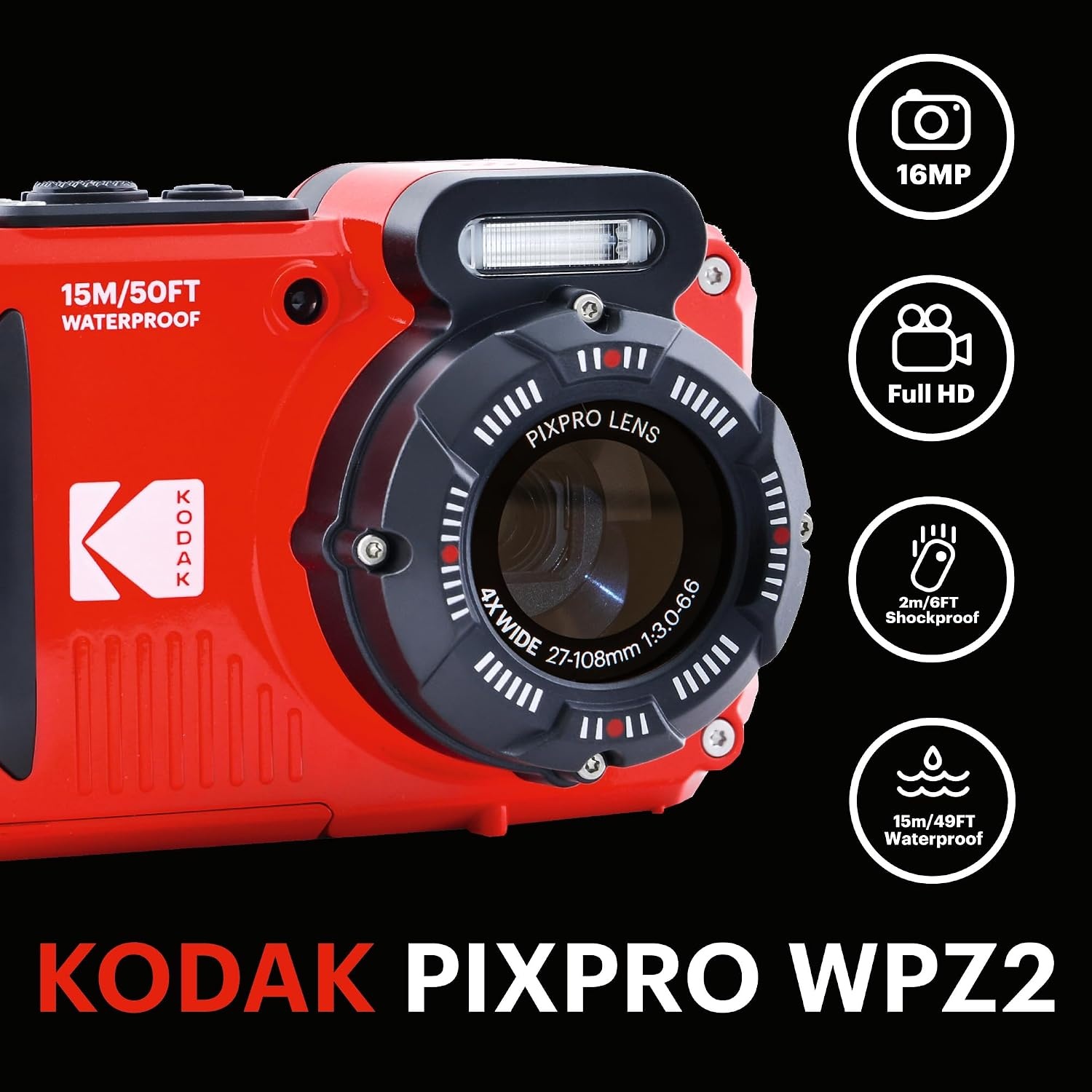 image:imageKODAK PIXPRO WPZ2 16MP Waterproof Digital Camera 15m 4X Zoom RedRed