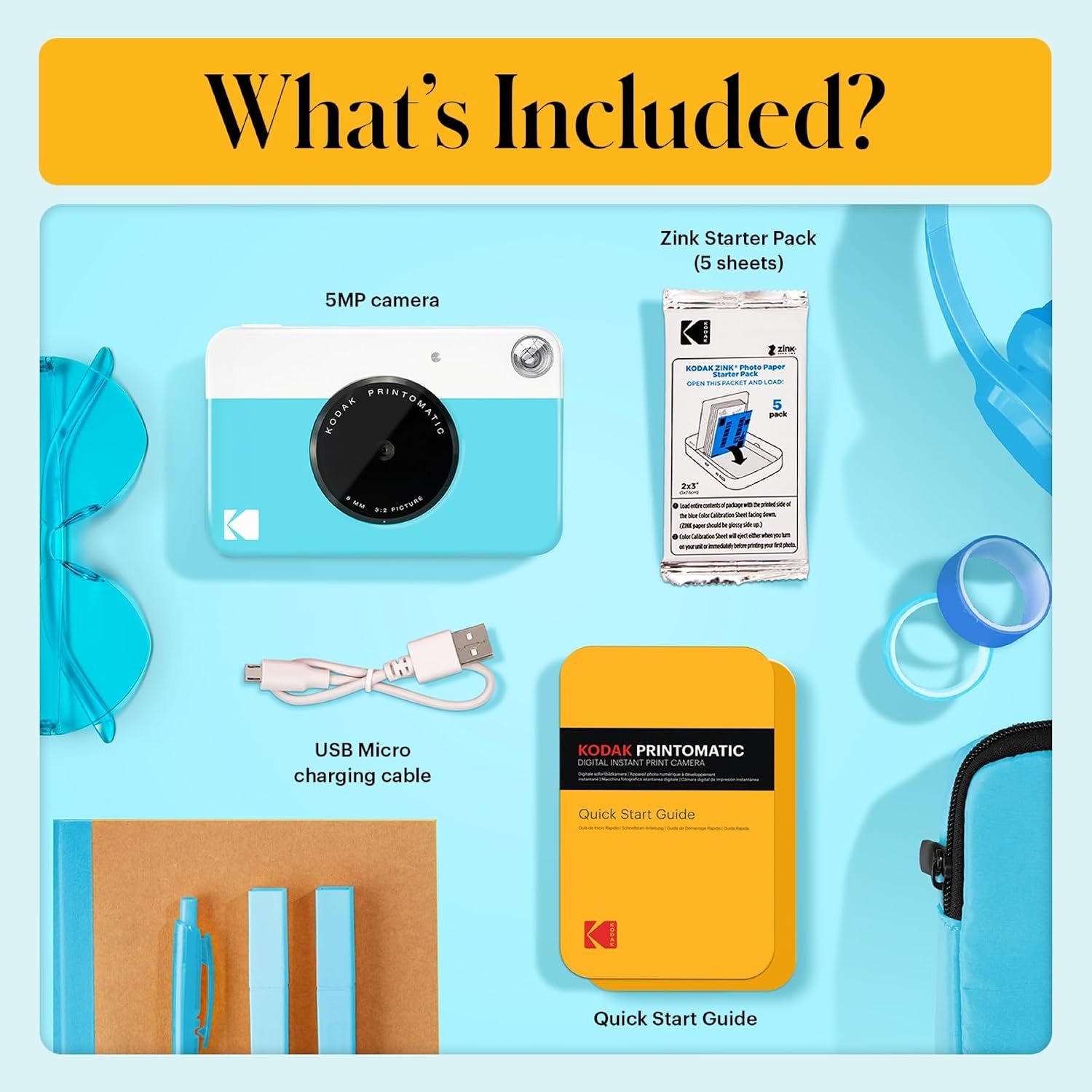 image:imageKODAK Printomatic FullColor Instant Print Digital Camera Zink 2x3 51x75 cm StickyBack Photo Paper 5MP Portable Creative Fun Gift for Birthday Christmas Holiday PinkBlue