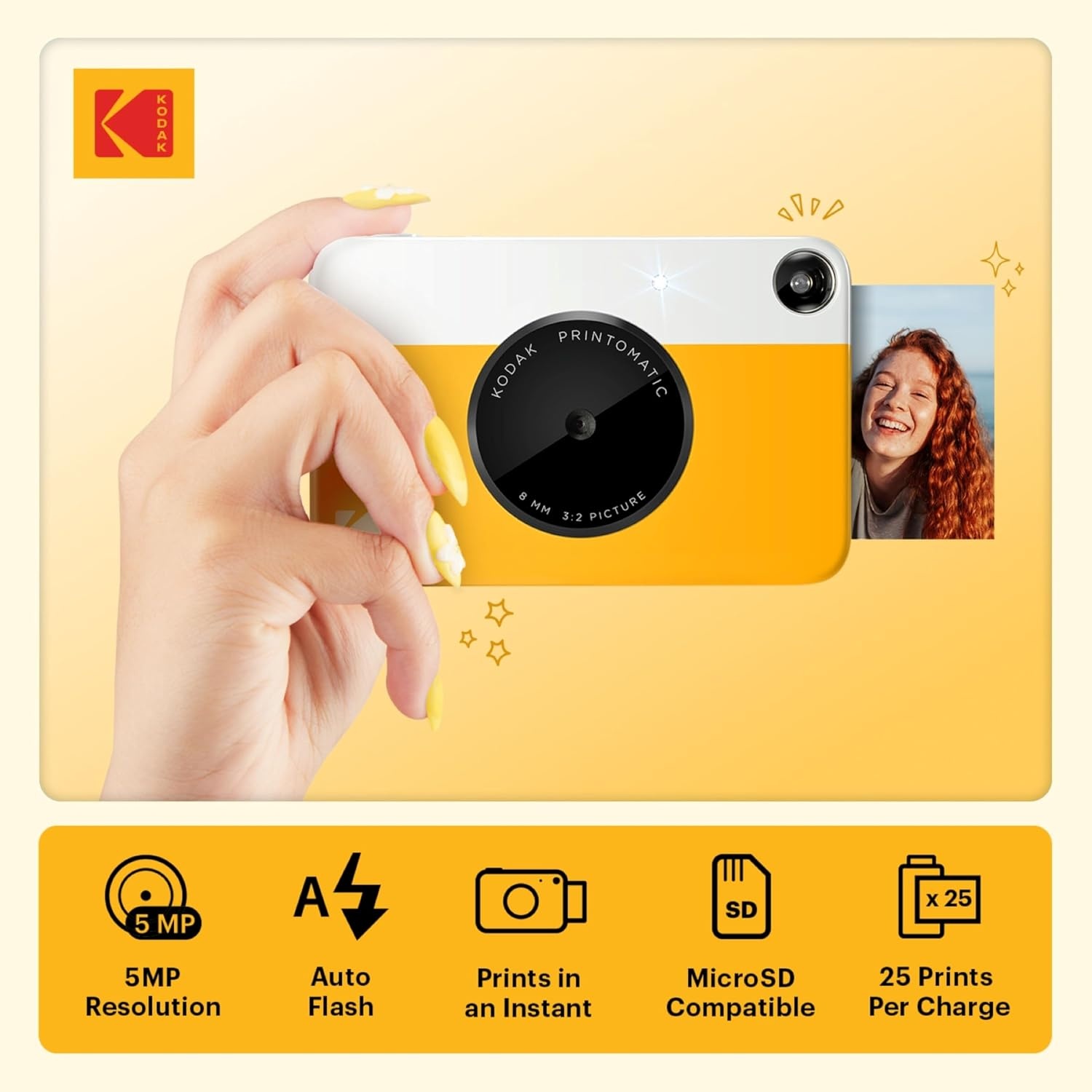 image:imageKODAK Printomatic FullColor Instant Print Digital Camera Zink 2x3 51x75 cm StickyBack Photo Paper 5MP Portable Creative Fun Gift for Birthday Christmas Holiday PinkYellow