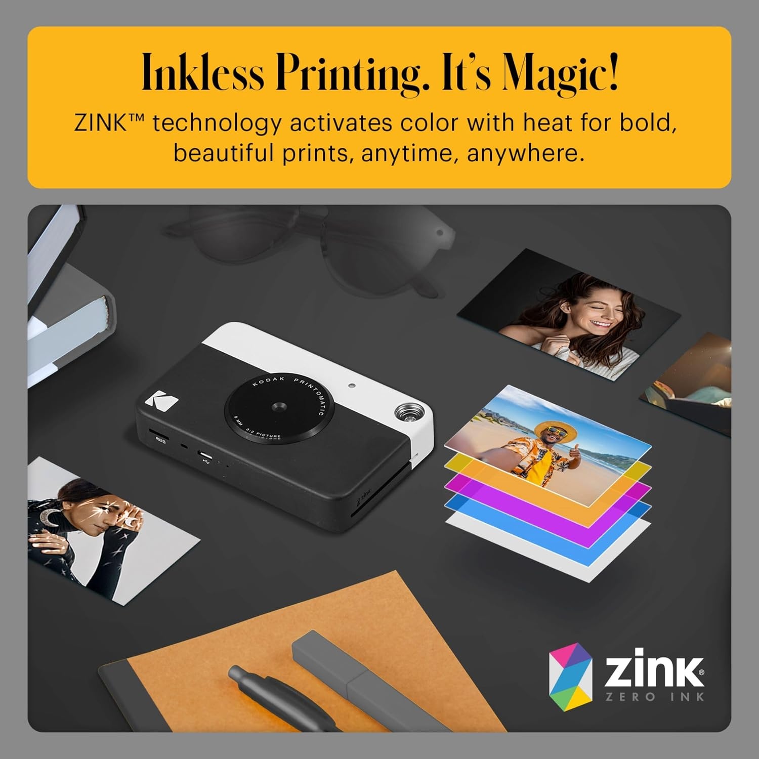 image:imageKODAK Printomatic FullColor Instant Print Digital Camera Zink 2x3 51x75 cm StickyBack Photo Paper 5MP Portable Creative Fun Gift for Birthday Christmas Holiday PinkBlack