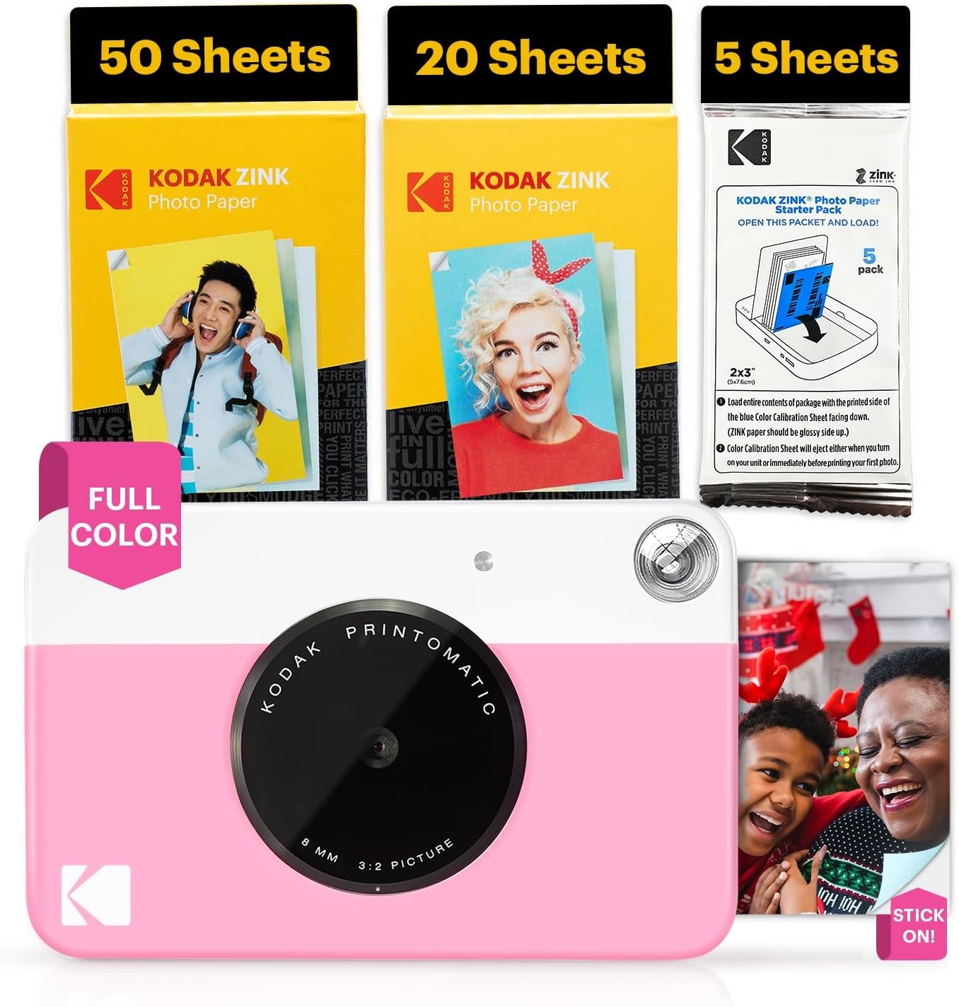 image:imageKODAK Printomatic FullColor Instant Print Digital Camera Zink 2x3 51x75 cm StickyBack Photo Paper 5MP Portable Creative Fun Gift for Birthday Christmas Holiday PinkPink