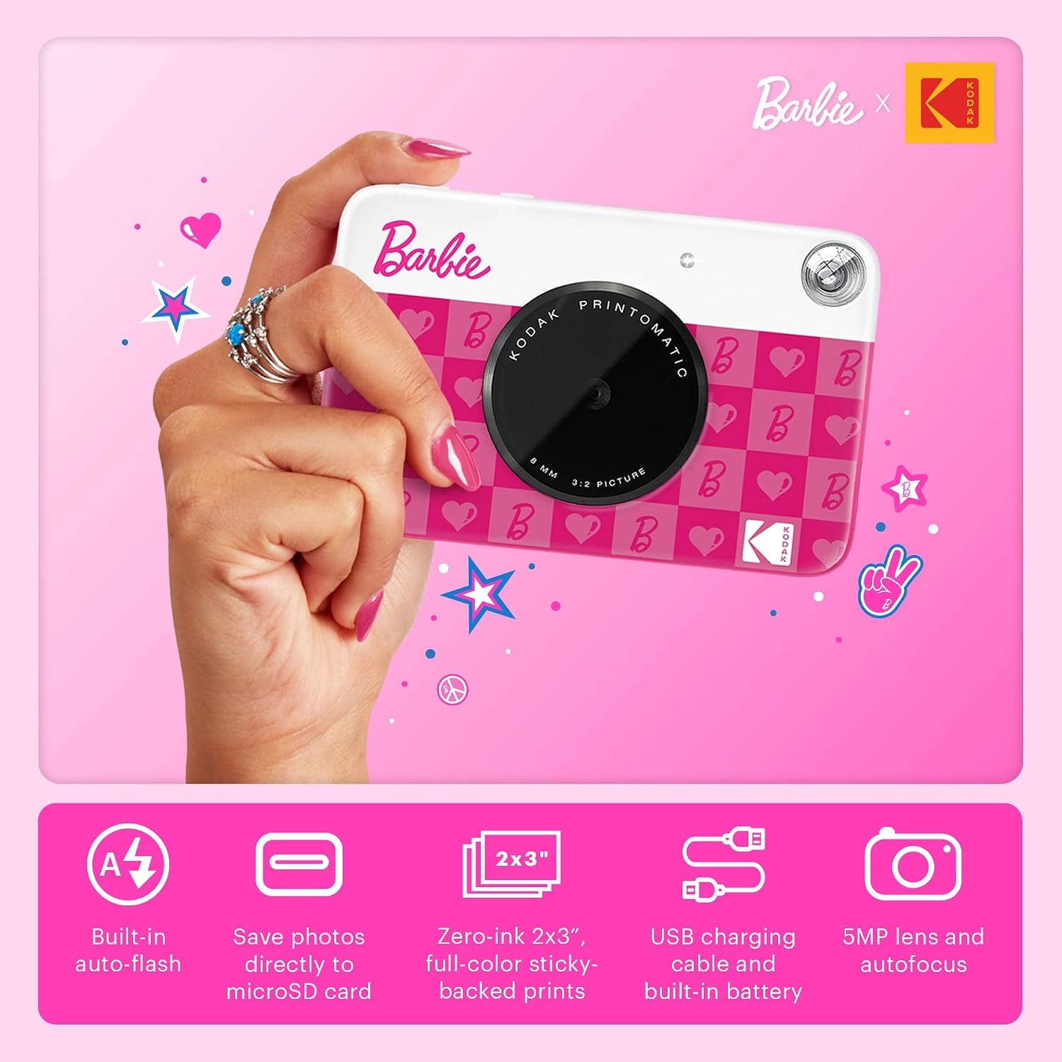 image:imageKODAK Printomatic FullColor Instant Print Digital Camera Zink 2x3 51x75 cm StickyBack Photo Paper 5MP Portable Creative Fun Gift for Birthday Christmas Holiday PinkIconic Style