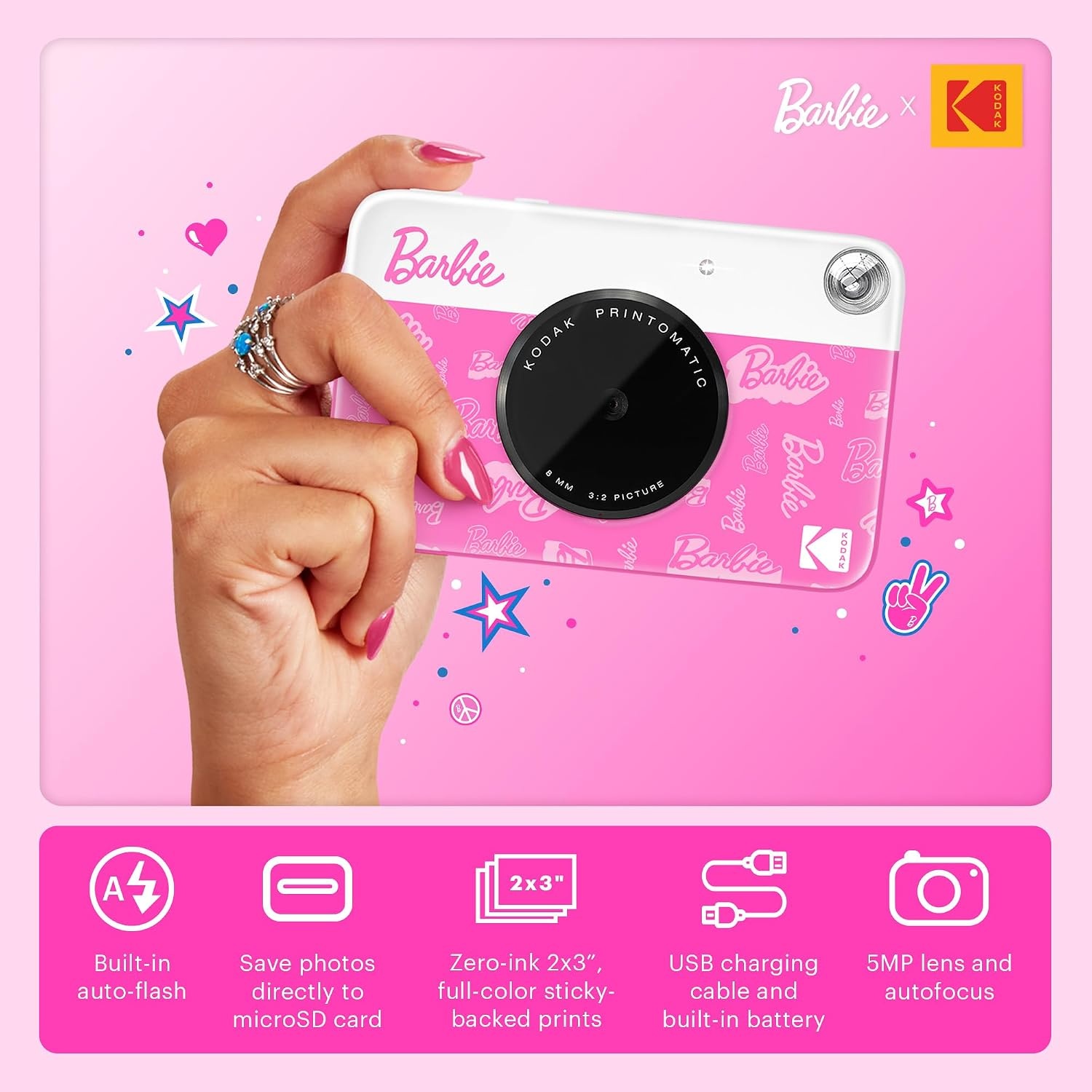 image:imageKODAK Printomatic FullColor Instant Print Digital Camera Zink 2x3 51x75 cm StickyBack Photo Paper 5MP Portable Creative Fun Gift for Birthday Christmas Holiday PinkSignature Style