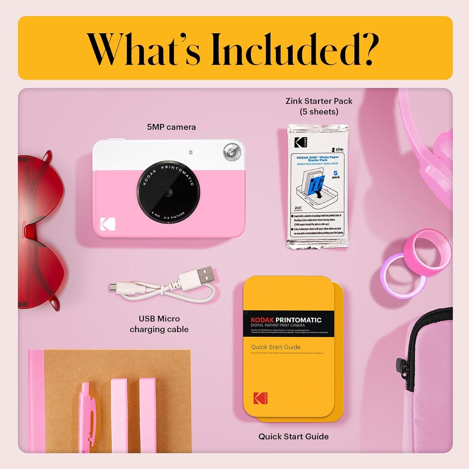 image:imageKODAK Printomatic FullColor Instant Print Digital Camera Zink 2x3 51x75 cm StickyBack Photo Paper 5MP Portable Creative Fun Gift for Birthday Christmas Holiday PinkPink