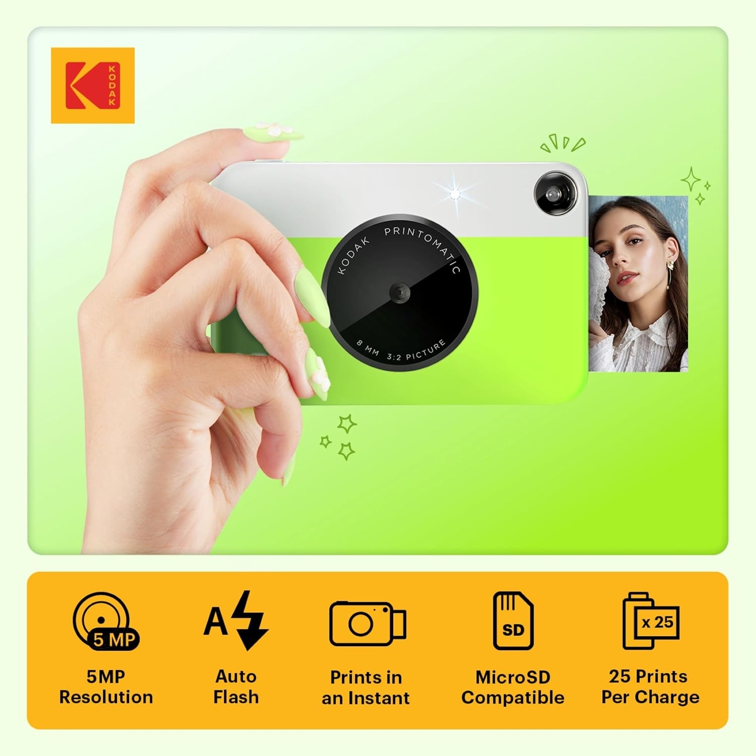 image:imageKODAK Printomatic FullColor Instant Print Digital Camera Zink 2x3 51x75 cm StickyBack Photo Paper 5MP Portable Creative Fun Gift for Birthday Christmas Holiday PinkGreen