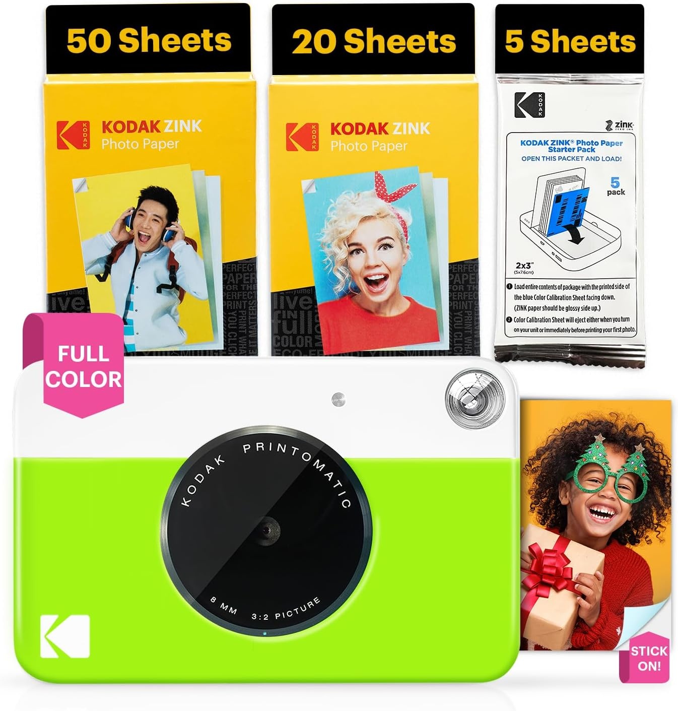 image:imageKODAK Printomatic FullColor Instant Print Digital Camera Zink 2x3 51x75 cm StickyBack Photo Paper 5MP Portable Creative Fun Gift for Birthday Christmas Holiday PinkGreen