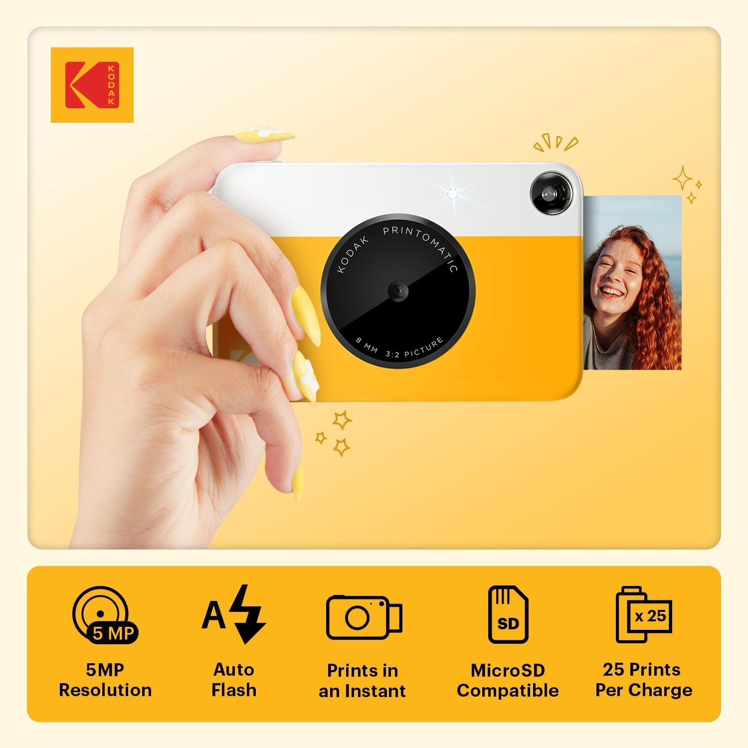 image:imageKODAK Printomatic FullColor Instant Print Digital Camera Zink 2x3 51x75 cm StickyBack Photo Paper 5MP Portable Creative Fun Gift for Birthday Christmas Holiday PinkYellow