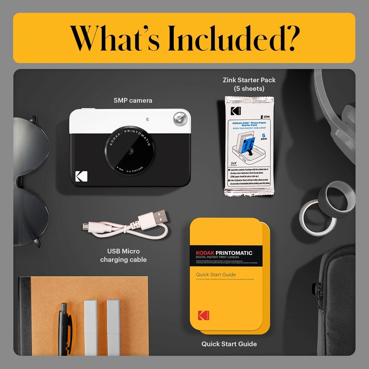 image:imageKODAK Printomatic FullColor Instant Print Digital Camera Zink 2x3 51x75 cm StickyBack Photo Paper 5MP Portable Creative Fun Gift for Birthday Christmas Holiday PinkBlack
