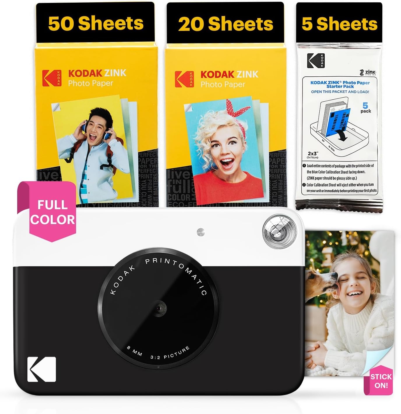 image:imageKODAK Printomatic FullColor Instant Print Digital Camera Zink 2x3 51x75 cm StickyBack Photo Paper 5MP Portable Creative Fun Gift for Birthday Christmas Holiday PinkBlack