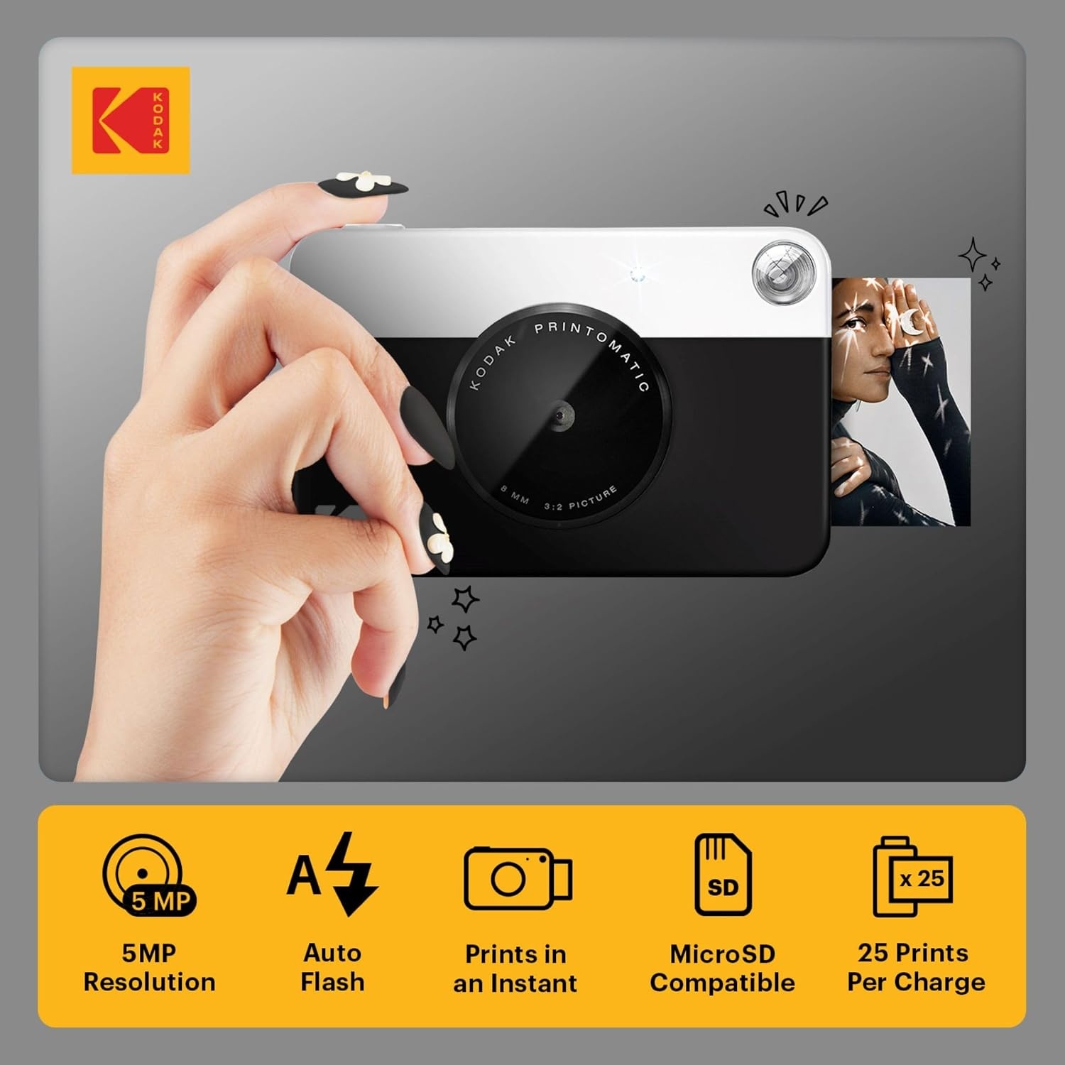 image:imageKODAK Printomatic FullColor Instant Print Digital Camera Zink 2x3 51x75 cm StickyBack Photo Paper 5MP Portable Creative Fun Gift for Birthday Christmas Holiday PinkBlack