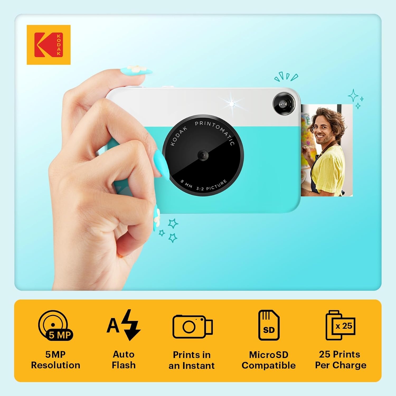 image:imageKODAK Printomatic FullColor Instant Print Digital Camera Zink 2x3 51x75 cm StickyBack Photo Paper 5MP Portable Creative Fun Gift for Birthday Christmas Holiday PinkBlue