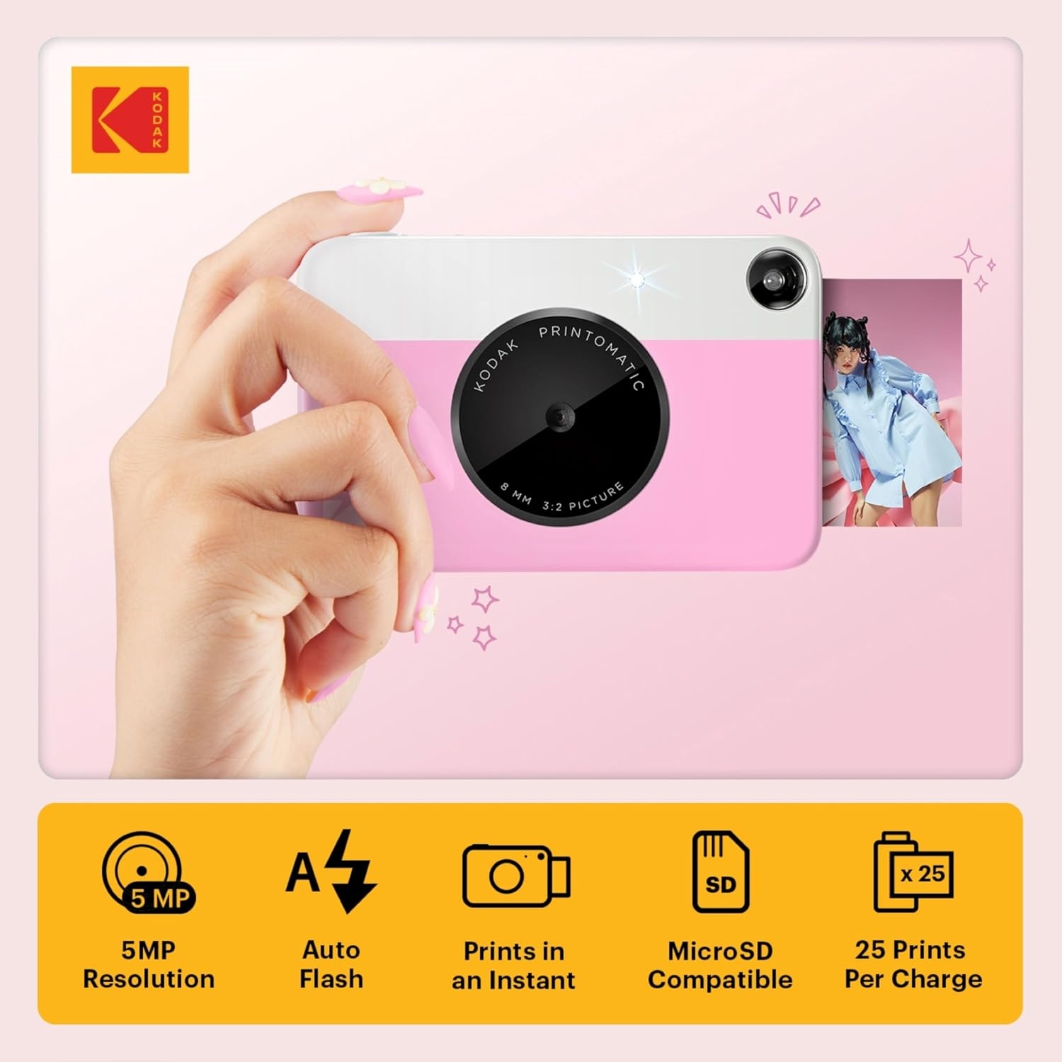 image:imageKODAK Printomatic FullColor Instant Print Digital Camera Zink 2x3 51x75 cm StickyBack Photo Paper 5MP Portable Creative Fun Gift for Birthday Christmas Holiday PinkPink