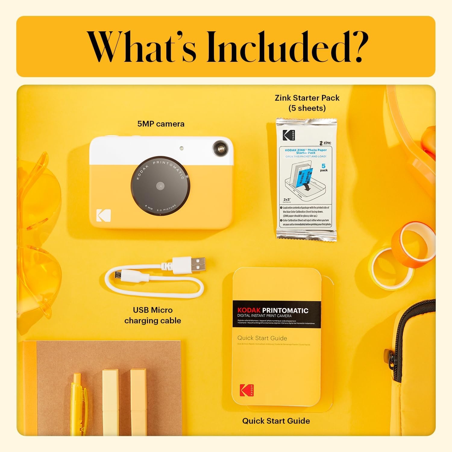 image:imageKODAK Printomatic FullColor Instant Print Digital Camera Zink 2x3 51x75 cm StickyBack Photo Paper 5MP Portable Creative Fun Gift for Birthday Christmas Holiday PinkYellow
