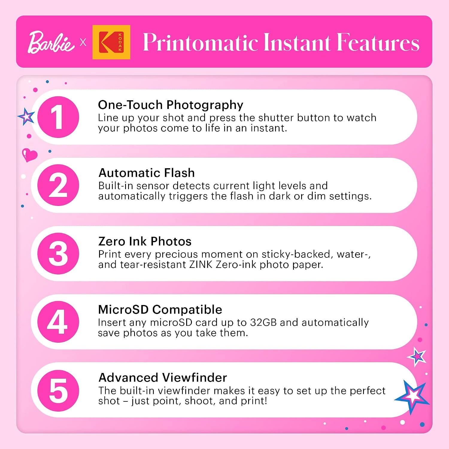 image:imageKODAK Printomatic FullColor Instant Print Digital Camera Zink 2x3 51x75 cm StickyBack Photo Paper 5MP Portable Creative Fun Gift for Birthday Christmas Holiday PinkSignature Style