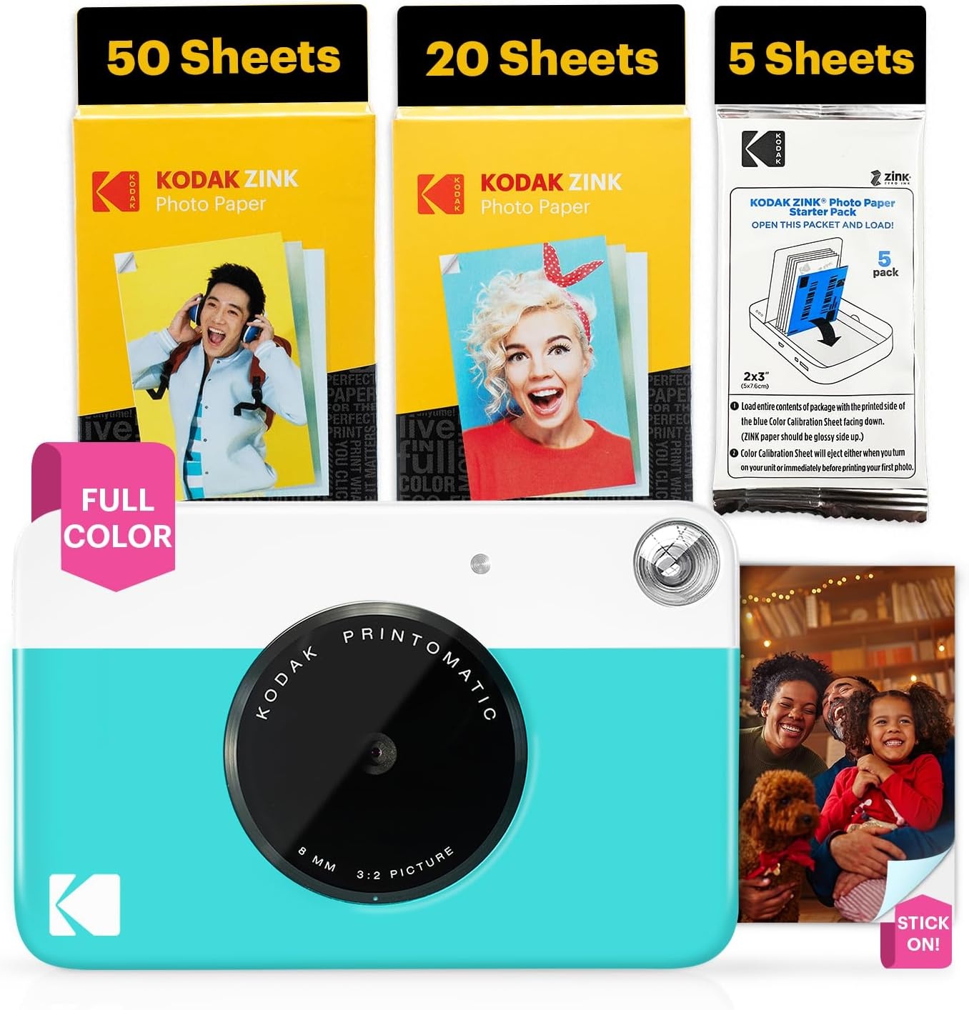 image:imageKODAK Printomatic FullColor Instant Print Digital Camera Zink 2x3 51x75 cm StickyBack Photo Paper 5MP Portable Creative Fun Gift for Birthday Christmas Holiday PinkBlue