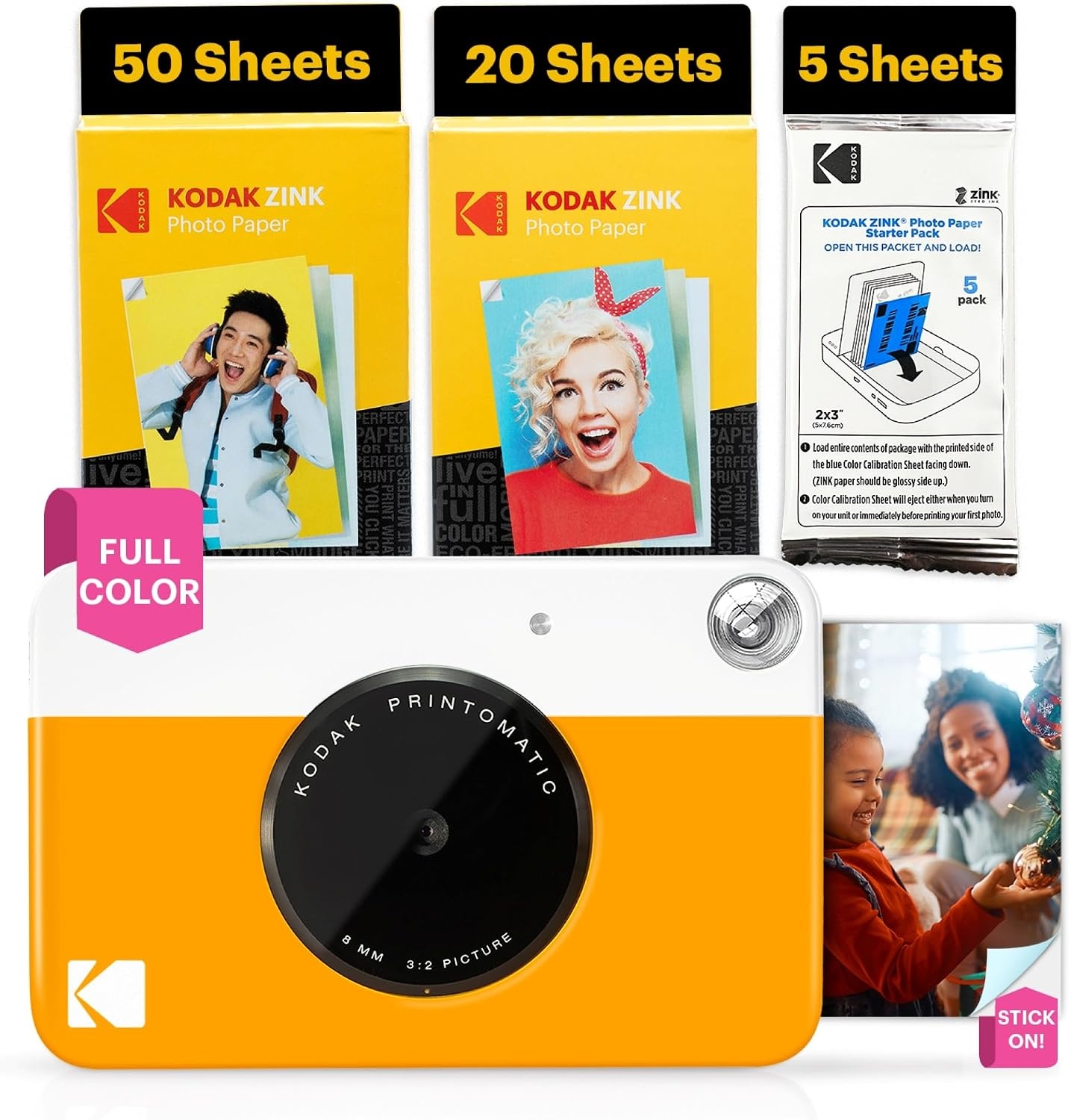 image:imageKODAK Printomatic FullColor Instant Print Digital Camera Zink 2x3 51x75 cm StickyBack Photo Paper 5MP Portable Creative Fun Gift for Birthday Christmas Holiday PinkYellow