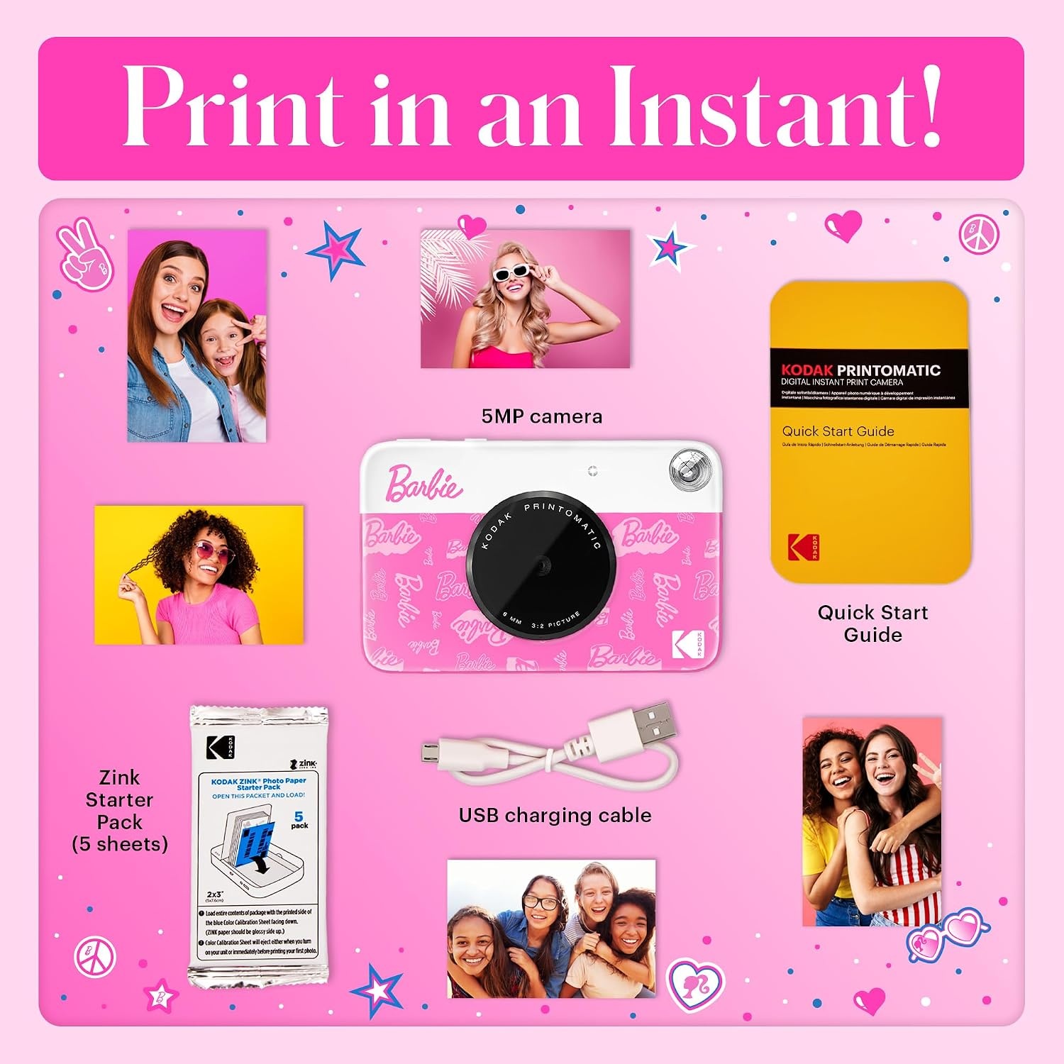 image:imageKODAK Printomatic FullColor Instant Print Digital Camera Zink 2x3 51x75 cm StickyBack Photo Paper 5MP Portable Creative Fun Gift for Birthday Christmas Holiday PinkSignature Style