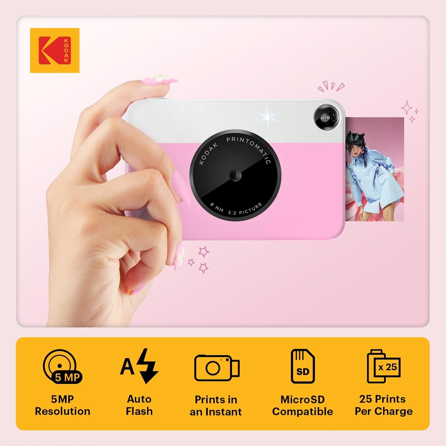 image:imageKODAK Printomatic FullColor Instant Print Digital Camera Zink 2x3 51x75 cm StickyBack Photo Paper 5MP Portable Creative Fun Gift for Birthday Christmas Holiday PinkPink