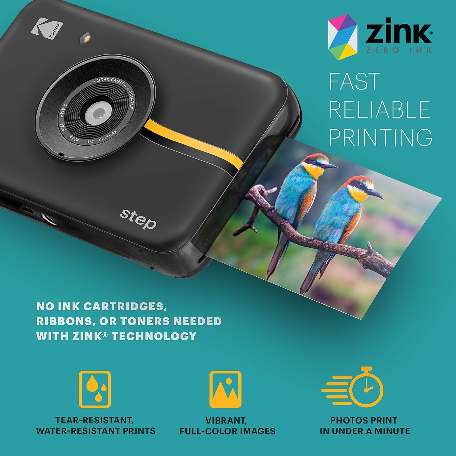 image:imageKODAK Step Instant Camera With 10MP Image Sensor Zink Zero Ink Technology White Bundle Photo Album Case 20 Pack Zink Paper Markers StickersBlack