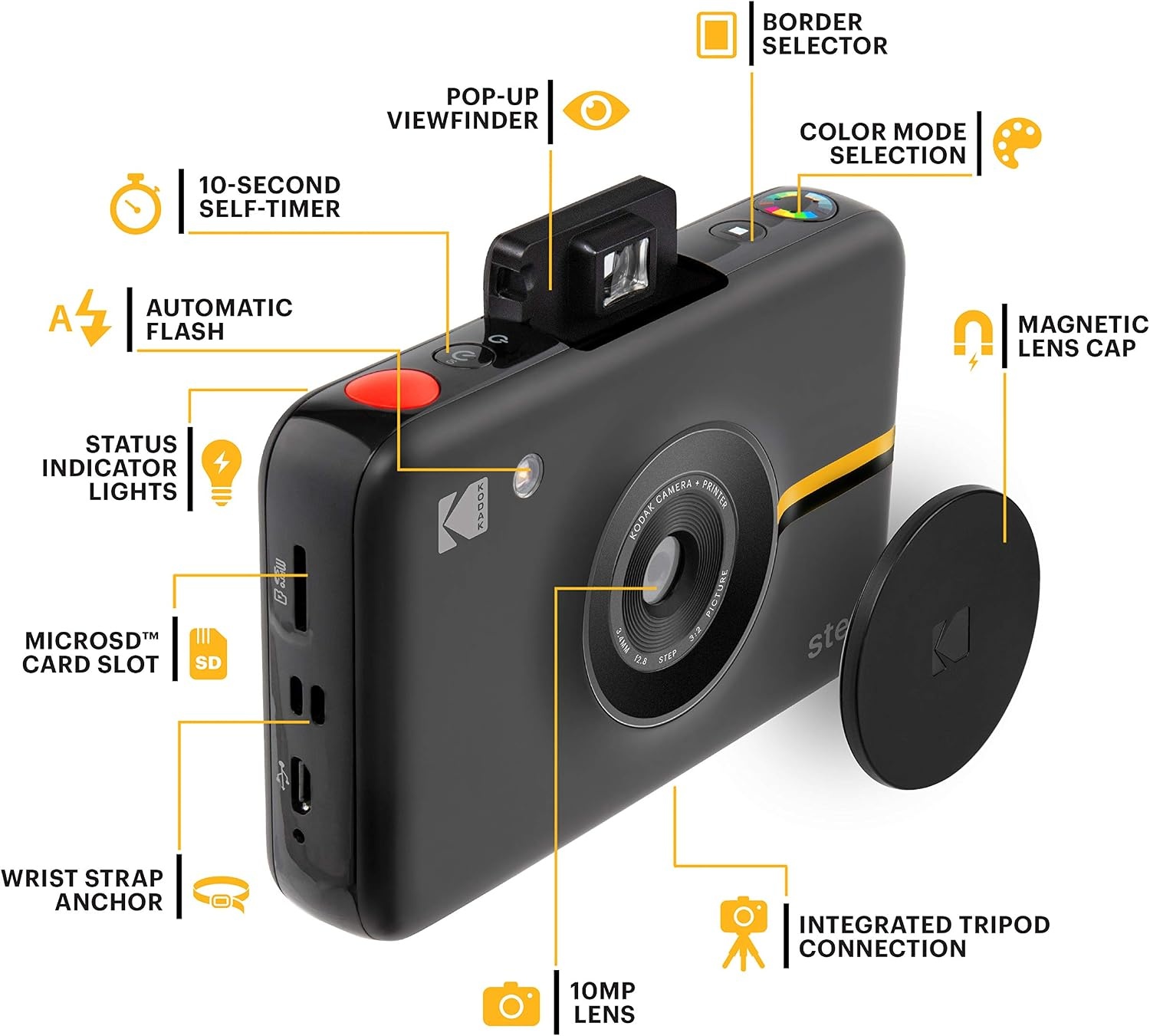 image:imageKODAK Step Instant Camera With 10MP Image Sensor Zink Zero Ink Technology White Bundle Photo Album Case 20 Pack Zink Paper Markers StickersBlack