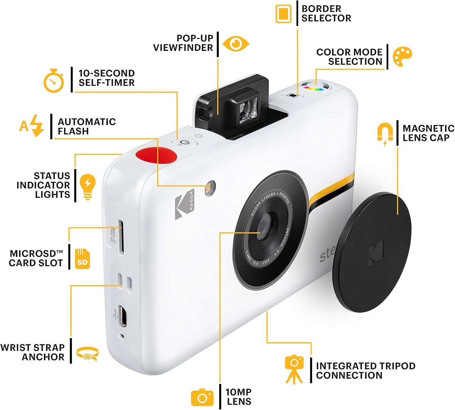 image:imageKODAK Step Instant Camera With 10MP Image Sensor Zink Zero Ink Technology White Bundle Photo Album Case 20 Pack Zink Paper Markers StickersWhite