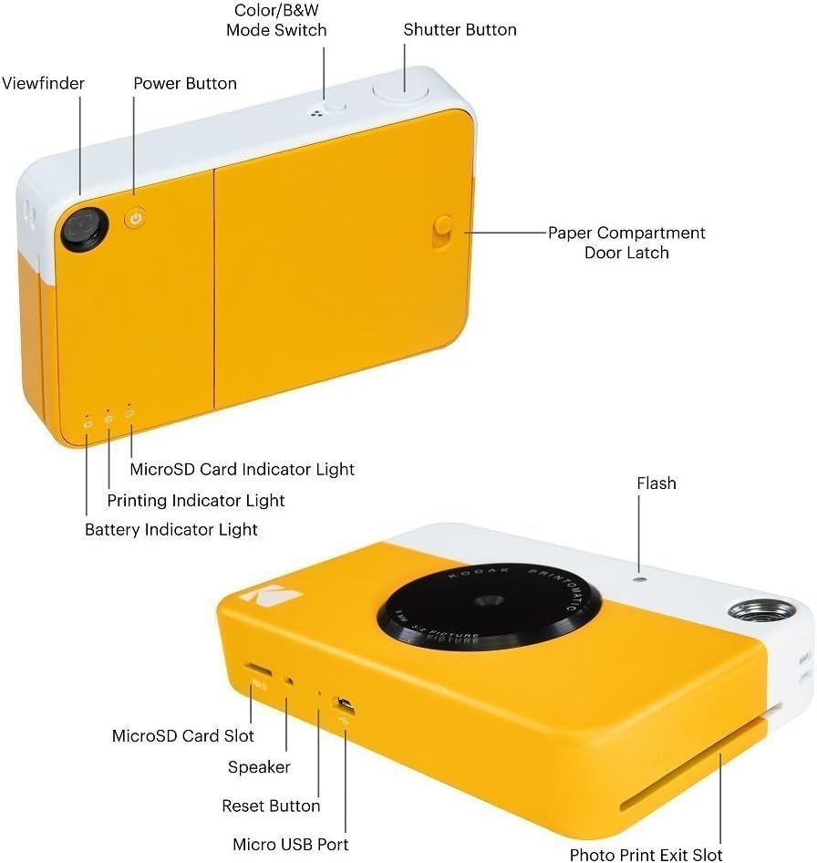 image:imageKodak Printomatic Instant Camera Bundle Blue Zink Paper 20 Sheets Case Photo Album Hanging FramesYellow